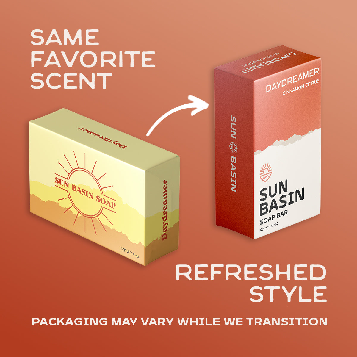 A promotional graphic for Sun Basin Soap showing two product boxes on a warm orange background. The left box is pale yellow with a sun graphic and the text 'Sun Basin Soap' and 'Daydreamer.