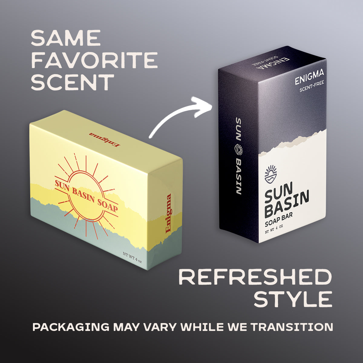 A promotional graphic showing two Sun Basin Soap Bar boxes on a dark gray gradient background. The left box is pale yellow with a sun illustration and the text 'SAME FAVORITE SCENT'; an arrow points to the right box, which is dark charcoal/black with a white lower section and the text 'REFRESHED STYLE'.