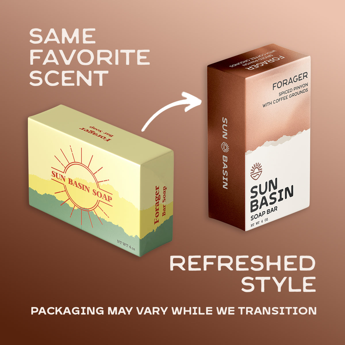 A promotional graphic showing two Sun Basin Soap Bar boxes on a warm brown gradient background. The left box is labeled 'Same Favorite Scent' and is pale yellow with green and orange graphics; the right box, labeled 'Refreshed Style,' is brown with a white lower section and reads 'FORAGER Limited Edition with Coffee Glycerin.