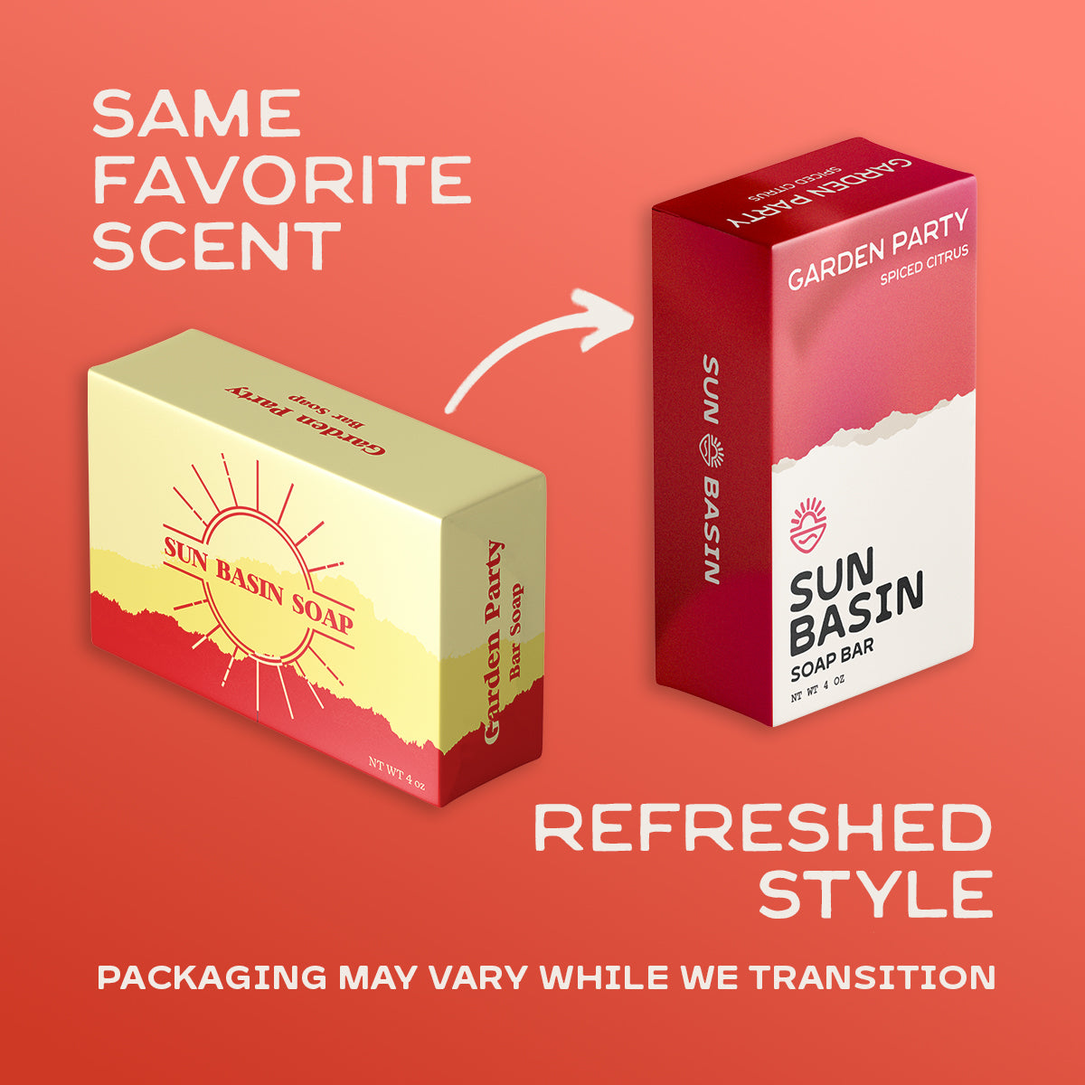 A promotional graphic showing two Sun Basin Soap boxes on a coral-red background. The left box is labeled 'Garden Party' with cream and red graphics, and the right box is labeled 'Garden Party Spiced Citrus' in red and white.