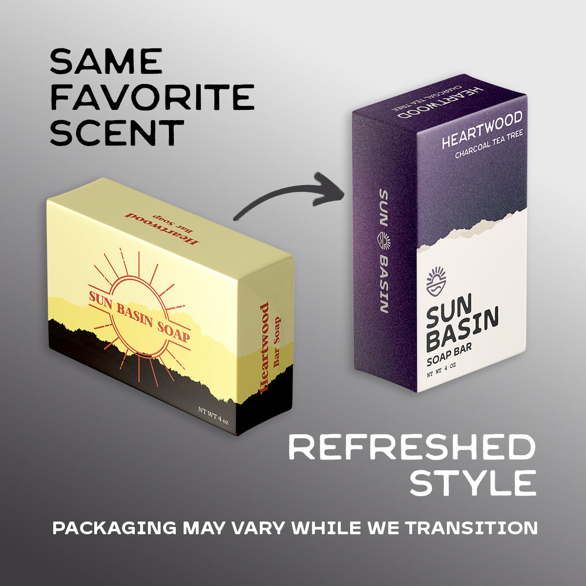 A graphic showing two Sun Basin Soap Bar boxes side by side on a gray gradient background. The left box is pale yellow with a red sun logo and the text 'Heartwood'; the right box is dark purple with a white mountain-like band and the text 'Heartwood' and 'Sun Basin'.