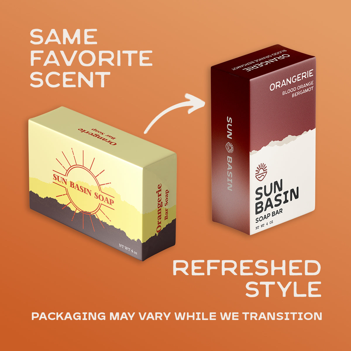 Sun Basin Soap Bar transition graphic showing the old 'Same Favorite Scent' packaging in pale yellow and the new 'Refreshed Style' packaging in deep burgundy and white, set against an orange background with text.