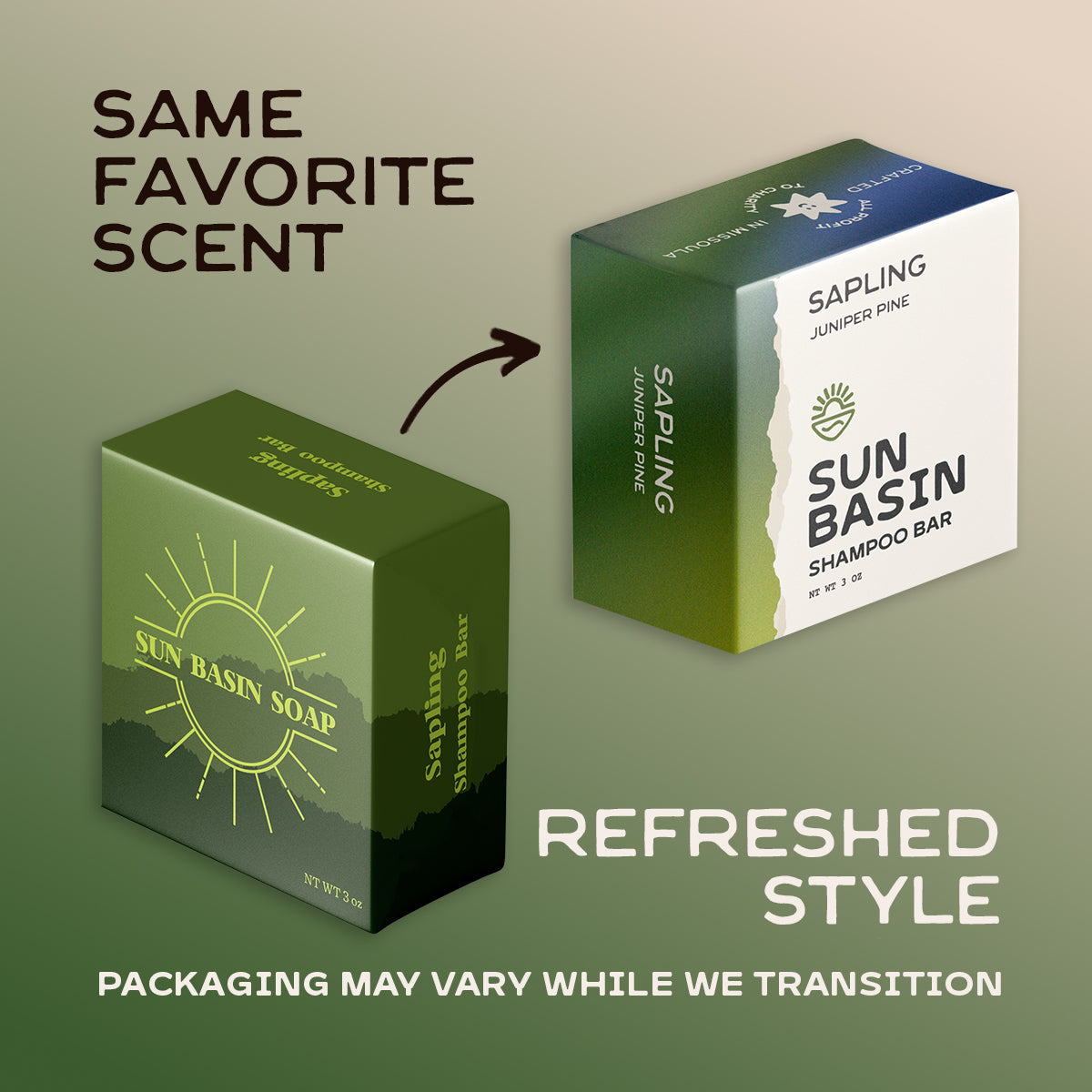 Two Sapling Sun Basin products shown in packaging on a gradient beige-to-green background. One box is olive green with a yellow sun graphic, and the other is green-to-white with blue on top and reads 'Sapling Sandstone Pine' and 'Sun Basin Shampoo Bar.