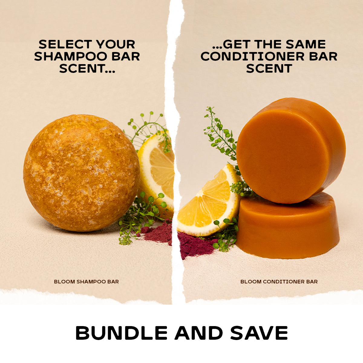 Promotional bundle graphic showing a round shampoo bar with lemon and herb garnish on the left and two orange conditioner bars on the right, with text reading 'SELECT YOUR SHAMPOO BAR SCENT.