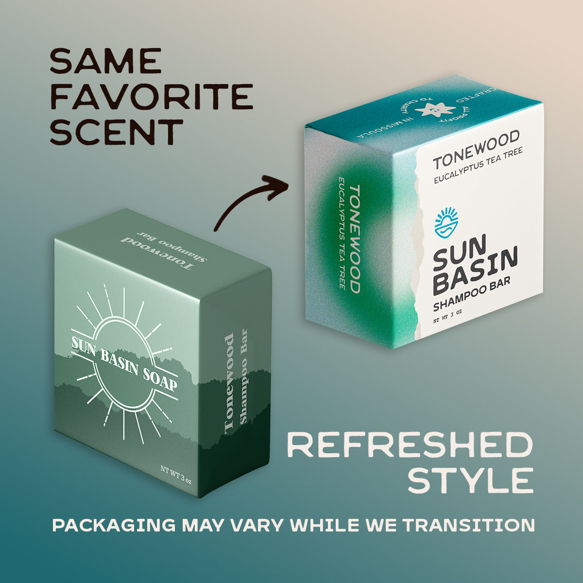 Two Sun Basin soap/shampoo bar boxes shown on a gradient background with text reading 'SAME FAVORITE SCENT' and 'REFRESHED STYLE.' The left box is labeled Tonerwood and appears muted green/teal, while the right box is labeled Tonerwood and appears teal/white.