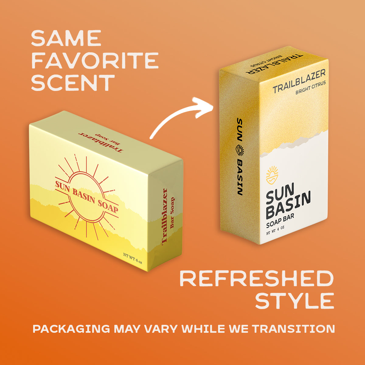 Sun Basin Trailblazer bright citrus soap bar shown in two different packaging designs on an orange gradient background. One box is pale yellow with red text, and the other is yellow and white with black text.