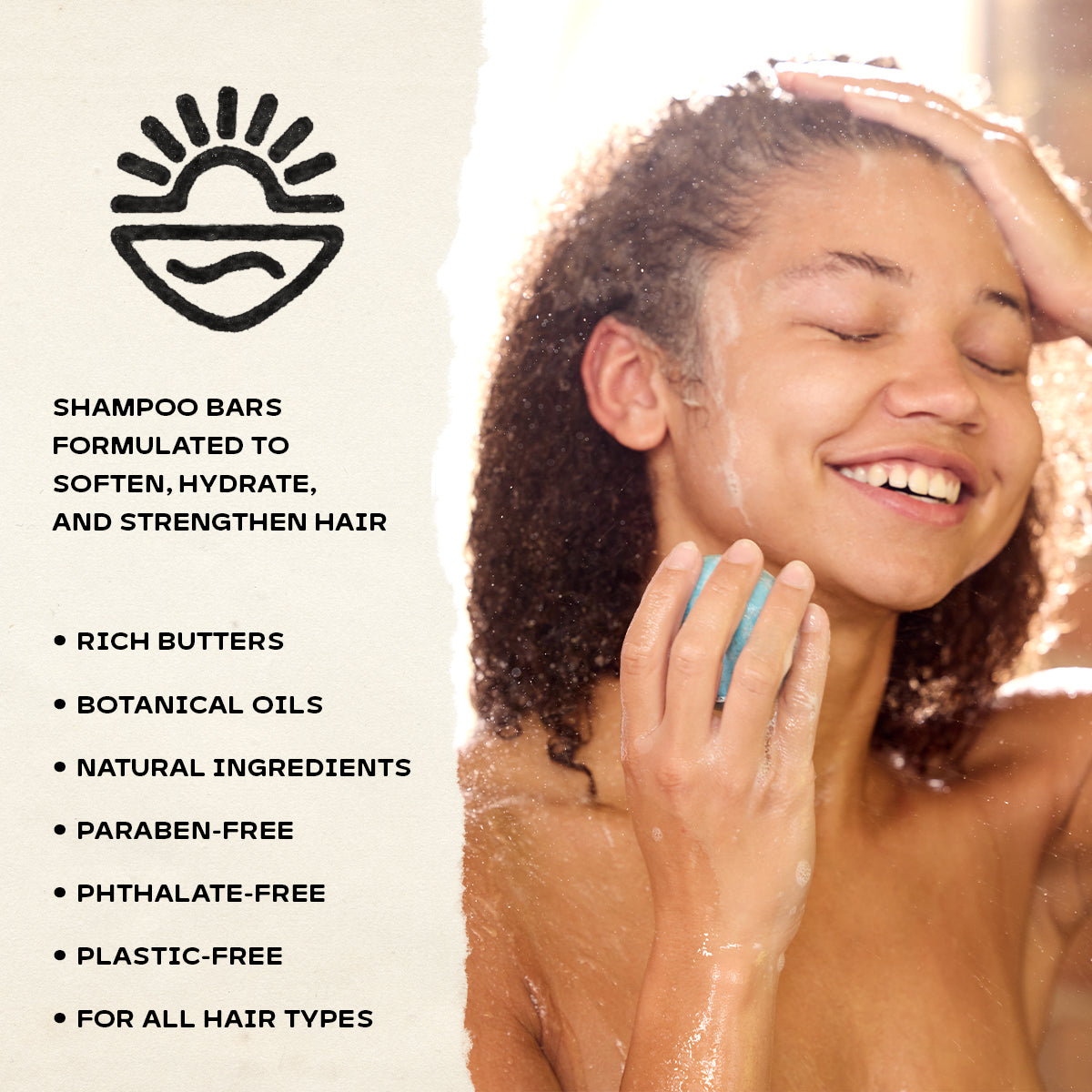 A woman with curly hair is shown washing her hair with soap lather on a warm-toned background, alongside text highlighting shampoo bar benefits such as softening, hydrating, and strengthening hair.