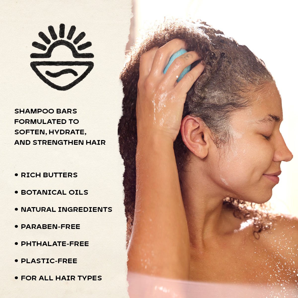 A woman with wet hair in a shower uses a blue shampoo bar while text on the left describes shampoo bar benefits, including rich butters, botanical oils, natural ingredients, and paraben-free formulation.