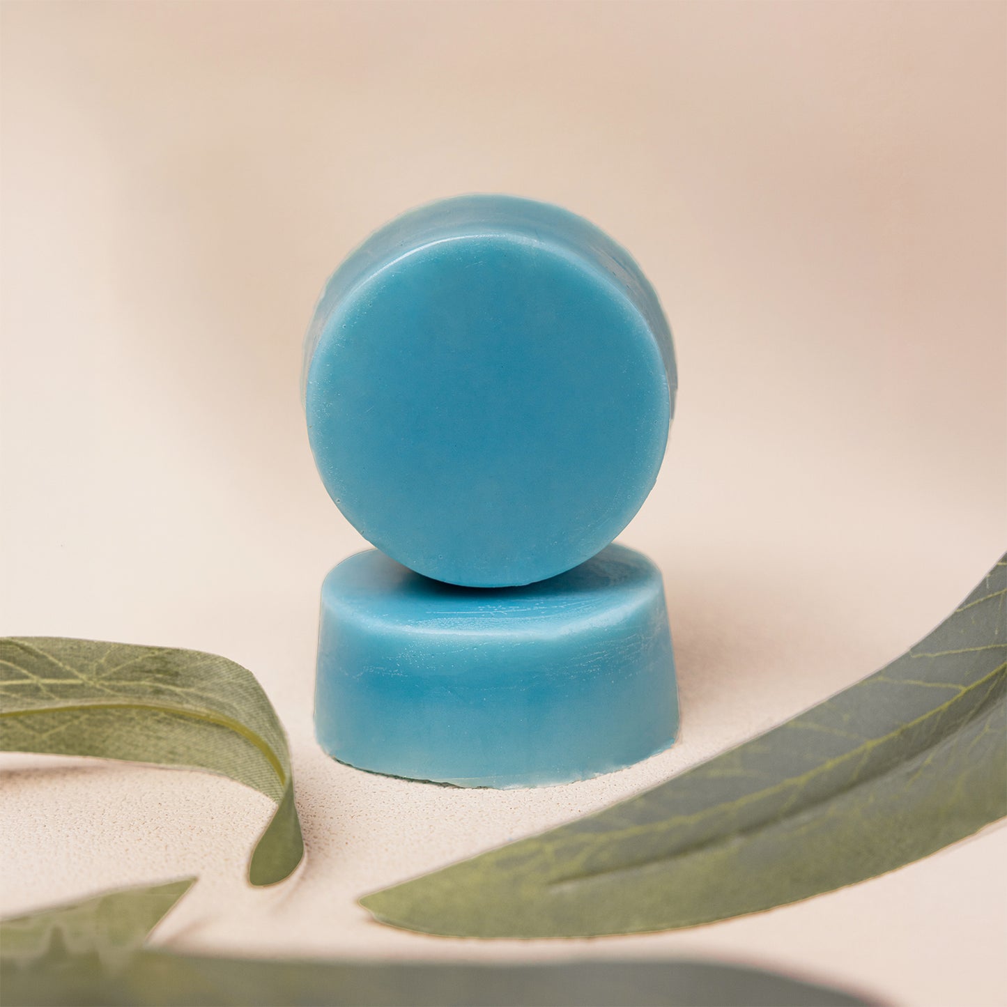 Two round blue conditioner bars stacked on a light beige surface with green leaves in the foreground.