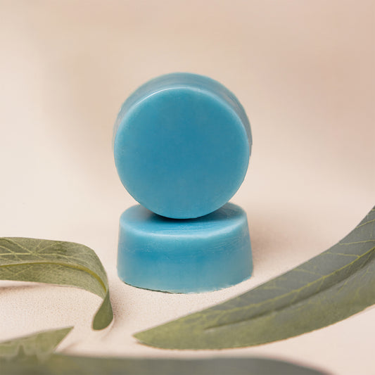 Two round blue conditioner bars stacked on a light beige surface with green leaves in the foreground.