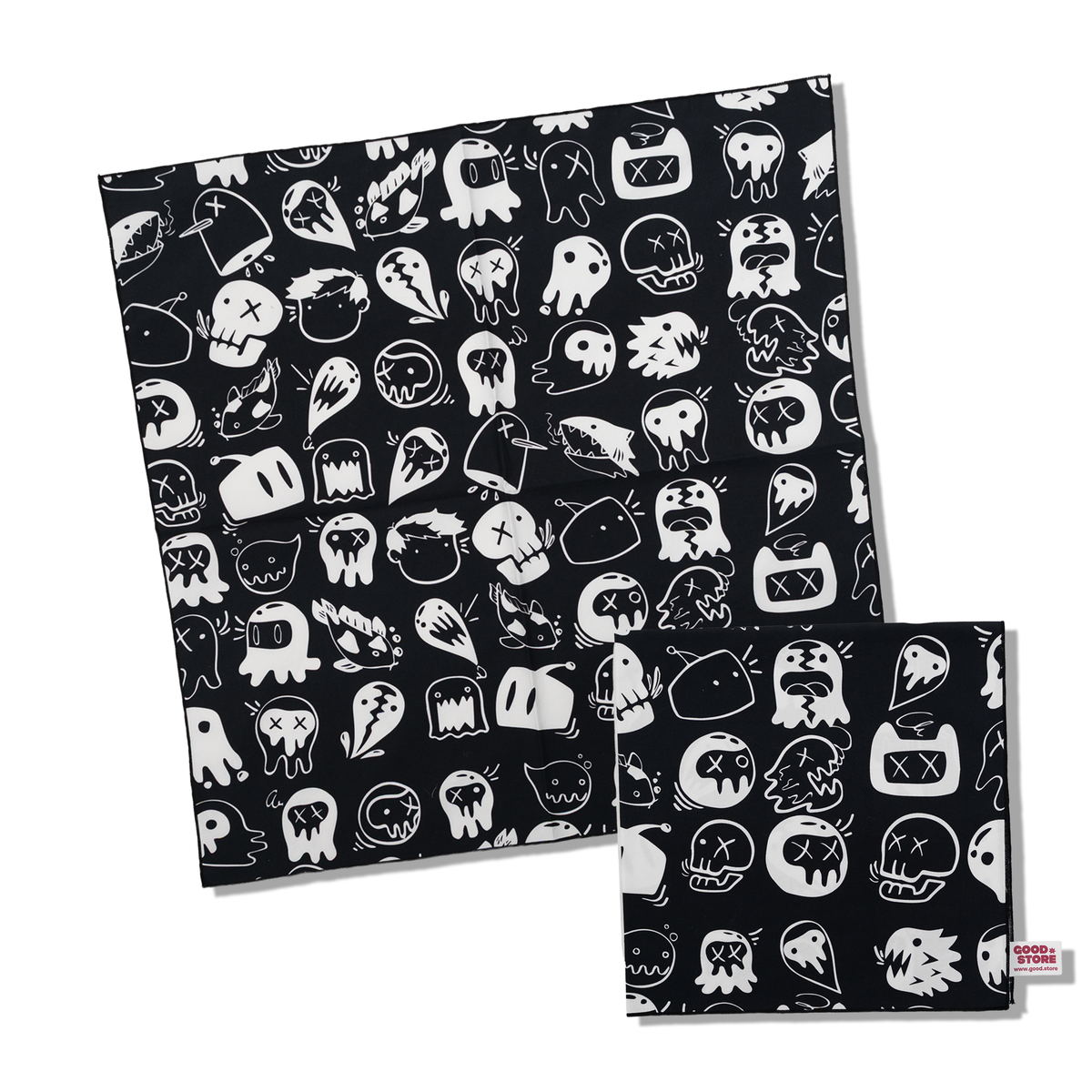 A black fabric bandana with a white cartoon ghost and skull pattern, including a larger square cloth and a smaller rectangular bandana, displayed on a white background.