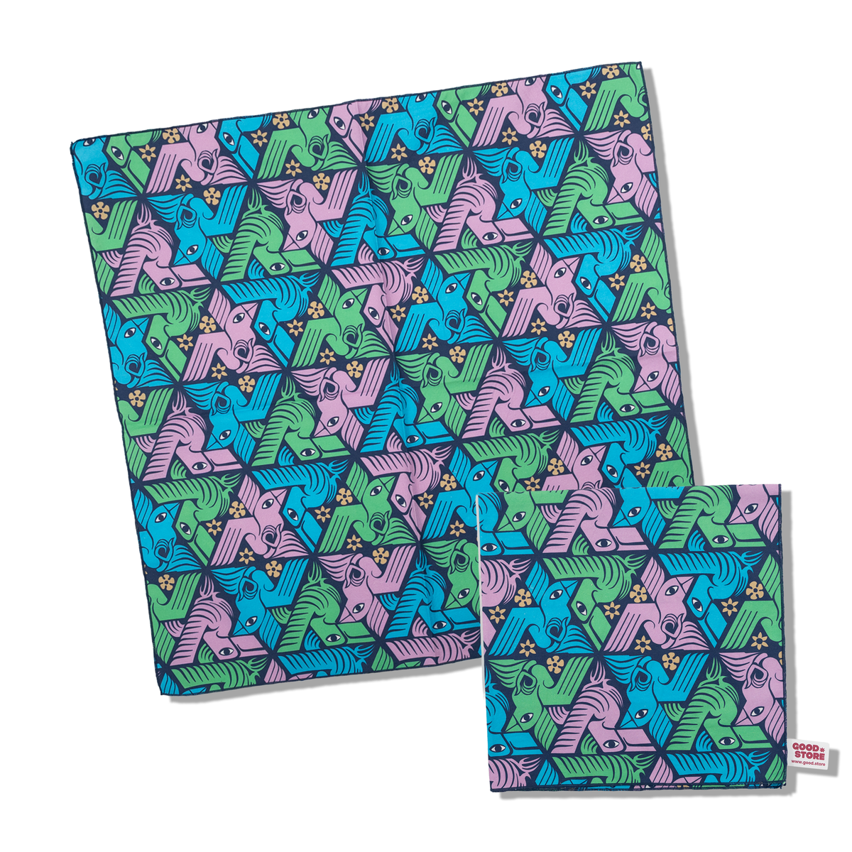 A square textile set, likely a scarf and matching pocket square, featuring a colorful geometric pattern of stylized birds in pink, green, and blue on a dark background.
